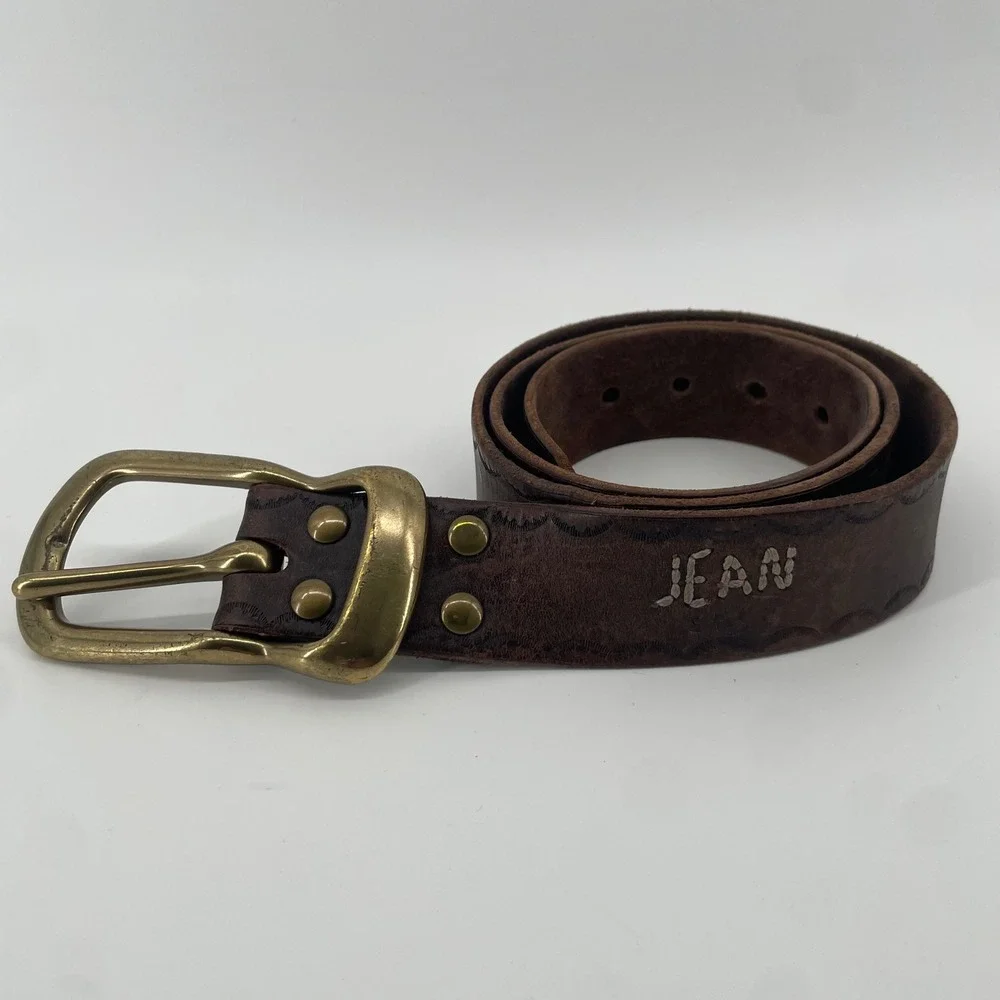 Jean Shop Leather Belt Mens L Brown Brass Buckle Distressed Scalloped Embossed